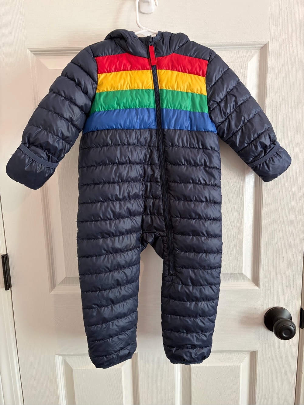 Primary Navy Puffer One-Piece Snowsuit with Rainbow Stripes - 12-18 months